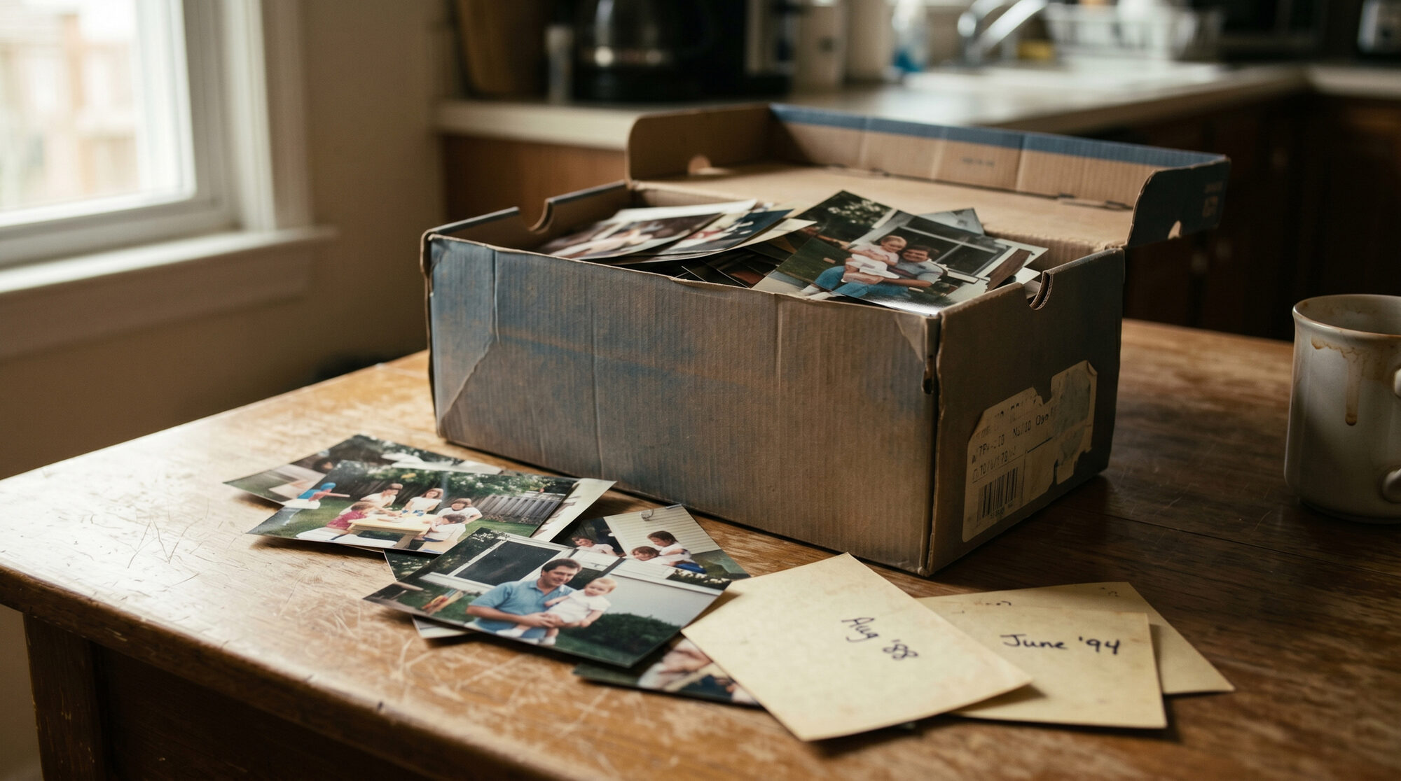 A shoebox of saved photographs and paper objects.